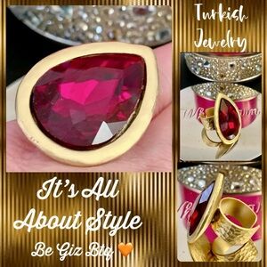 🆕Turkish Jewelry Ring Gold Bath Over Metal With Stunning Red Crystal Stone